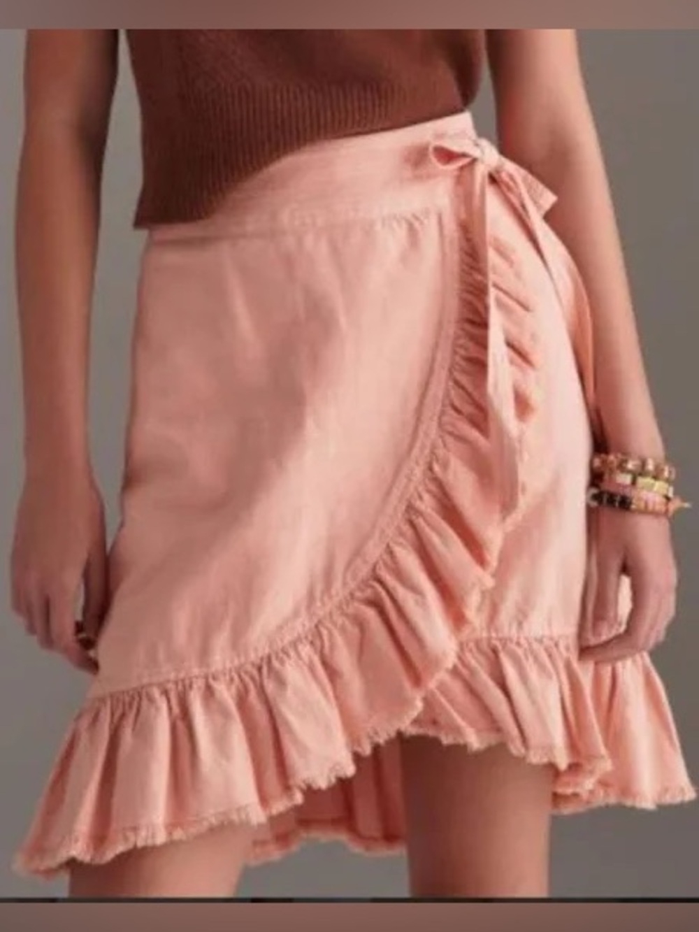Anthropologie Pilcro Blush Wrap Ruffle Skirt Frayed Hem Tie Waist Size L